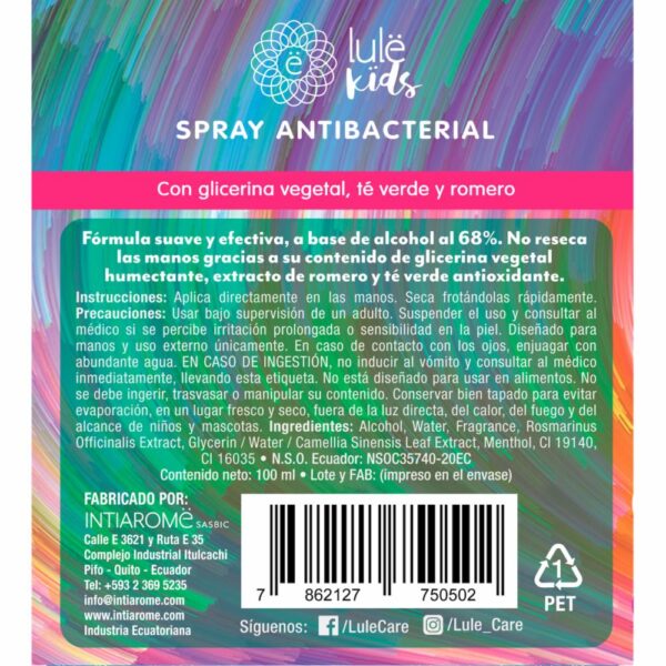 Spray Antibacterial Para Manos No Reseca LULË KIDS 100 Ml - Imagen 2