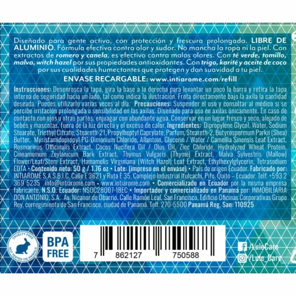 Desodorante En Barra Natural Sin Aluminio Cool Mint LULË SPÖRT 50 G - Imagen 2