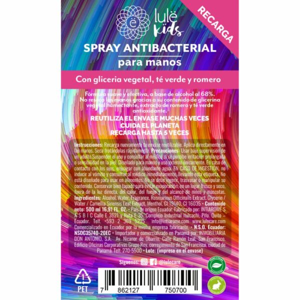 Spray Antibacterial Para Manos No Reseca Refill LULË KIDS 500 Ml - Imagen 2