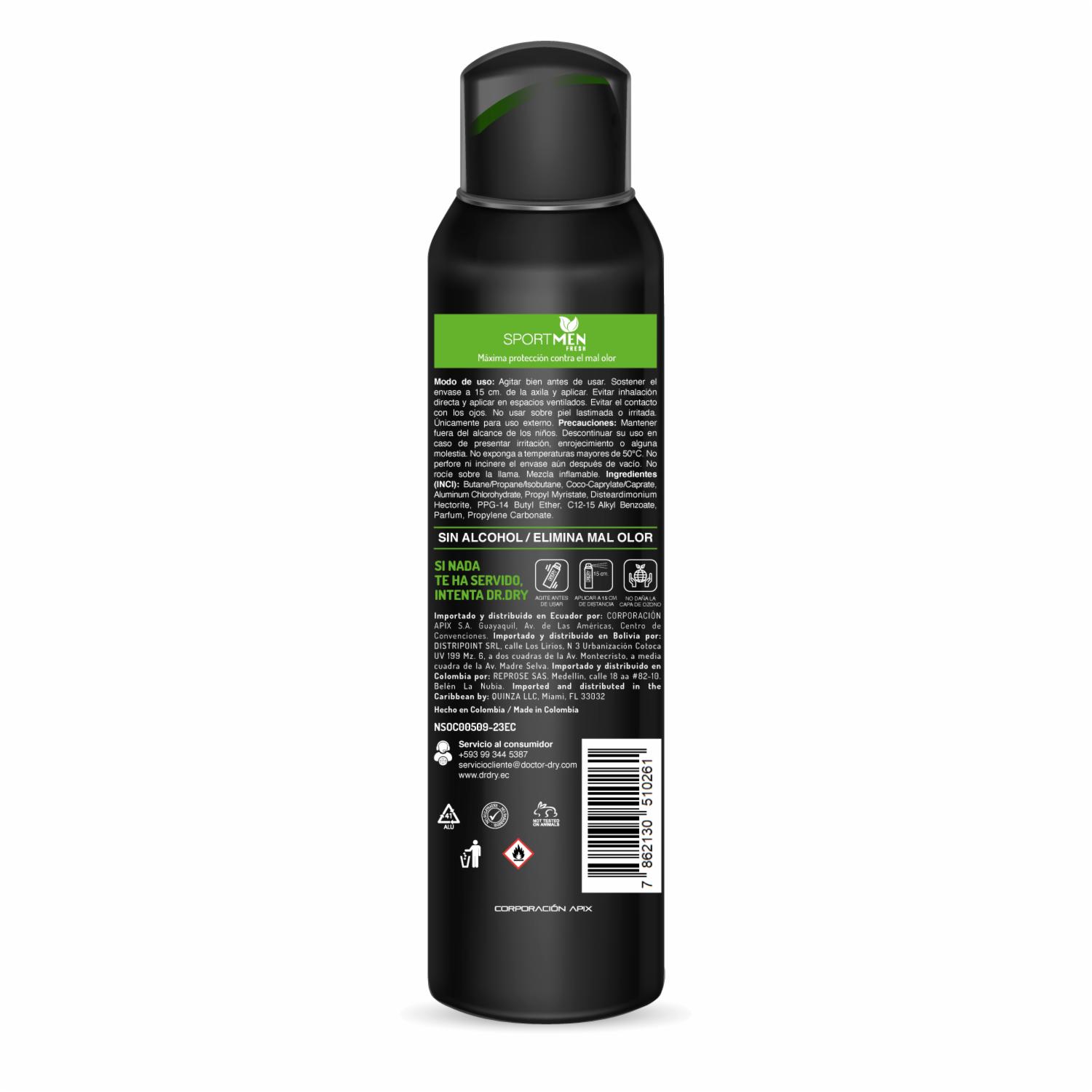 Desodorante En Aerosol Sport Para Hombre Mayor Protección Contra El Olor DR.DRY 150 Ml - Imagen 2