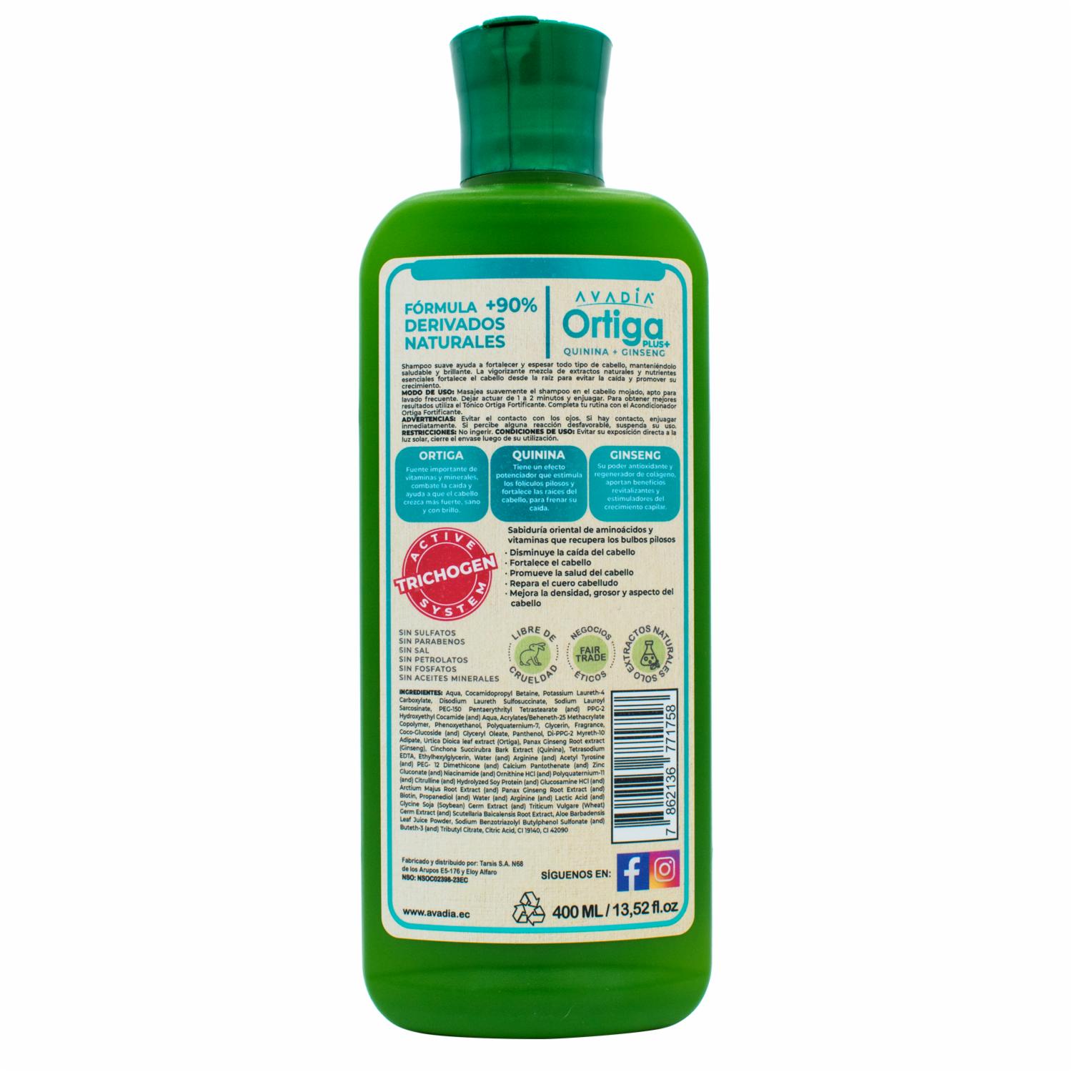 Shampoo Para Cabello Ortiga Plus Anticaída Fortificante Trichogen, Ortiga, Quinina Y Ginseng AVADÍA 400 Ml - Imagen 2