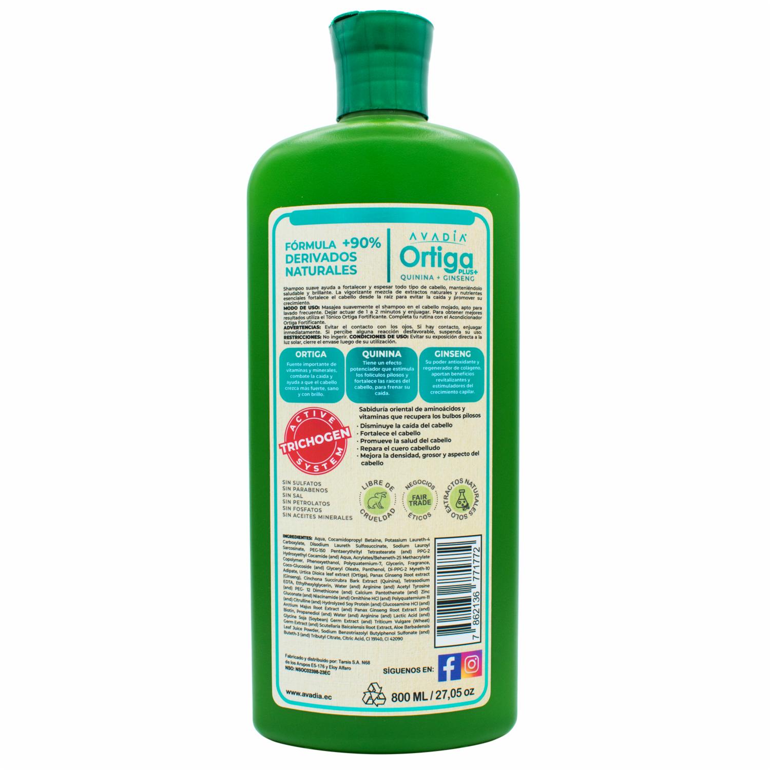 Shampoo De Cabello Ortiga Plus Anticaída Fortificante Trichogen, Ortiga, Quinina Y Ginseng AVADÍA 800 Ml