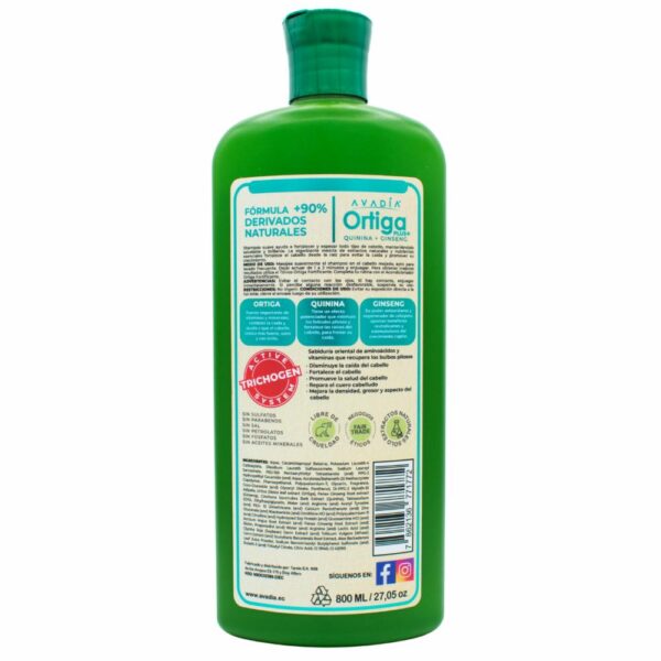 Shampoo Para Cabello Ortiga Plus Anticaída Fortificante Trichogen, Ortiga, Quinina Y Ginseng AVADIA 800 Ml - Imagen 2