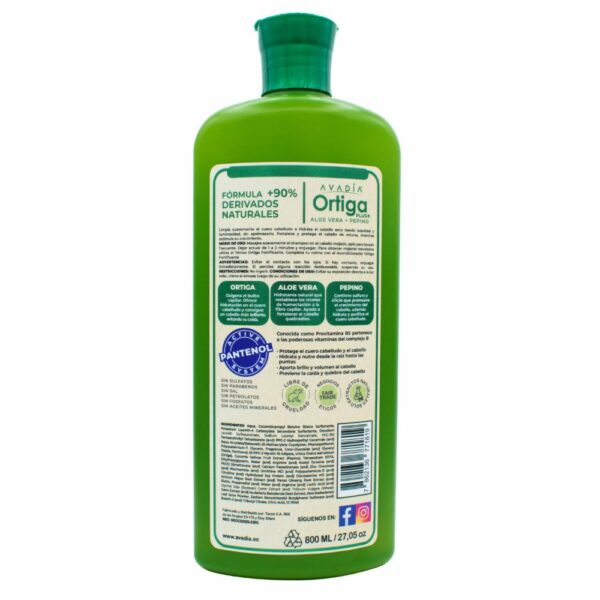 Shampoo Para Cabello Ortiga Plus Anticaída Hidratante Aloe Vera Y Pepino AVADIA 800 Ml - Imagen 2