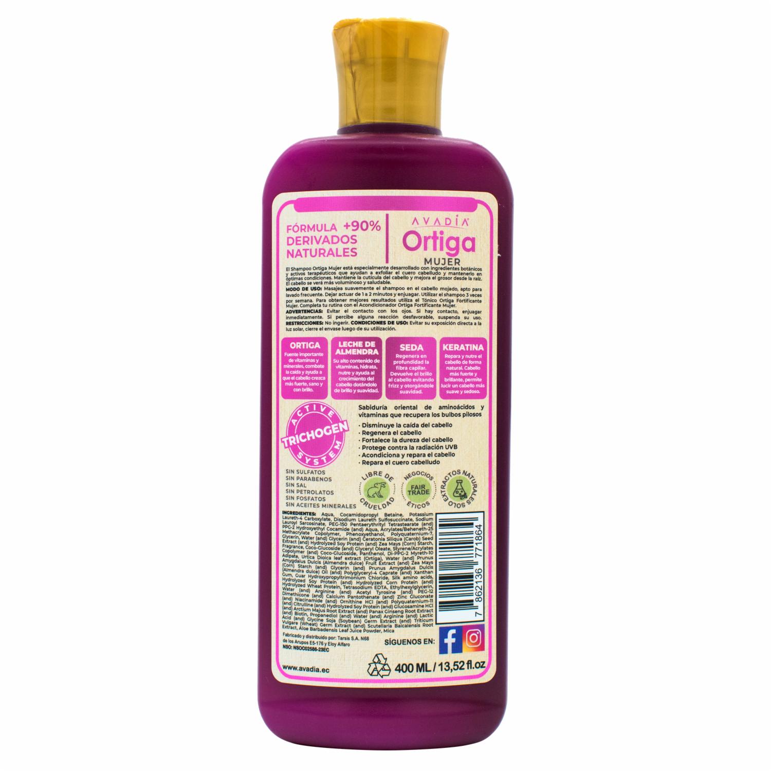 Shampoo Para Cabello Ortiga Plus Anticaída Mujer Leche De Almendras, Seda Y Keratina AVADÍA 400 Ml - Imagen 2
