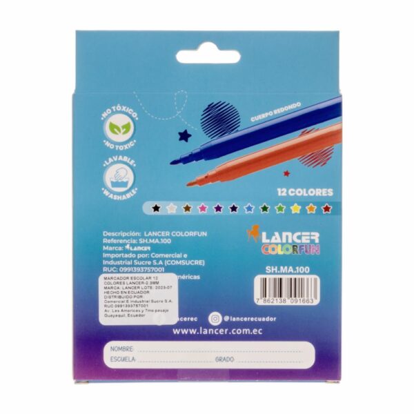 Marcador Escolar 12 Colores LANCER X12 Uds - Imagen 2