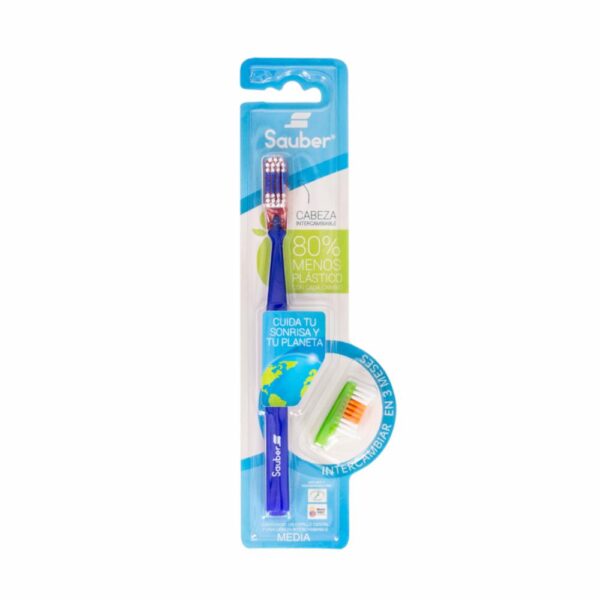 Cepillo Dental Cerdas Medianas Cabeza Intercambiable + 1 Cabeza De Repuesto SAUBER 1 Pack