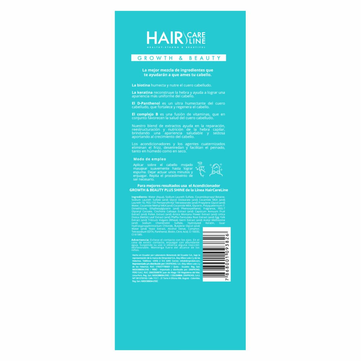 Shampoo De Cabello Growth & Beauty Línea Profesional Con Vitaminas Y Aminoácidos HAIR CARE LINE 250 Ml
