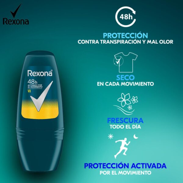 Desodorante Roll On Para Caballero V8 Nueva Fórmula REXONA 50 Ml - Imagen 4