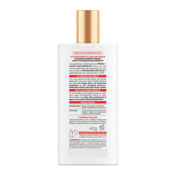 Protector Solar Facial Uv Defender Fps 50+ Fluido Invisible L´ORÉAL 40 G - Imagen 3