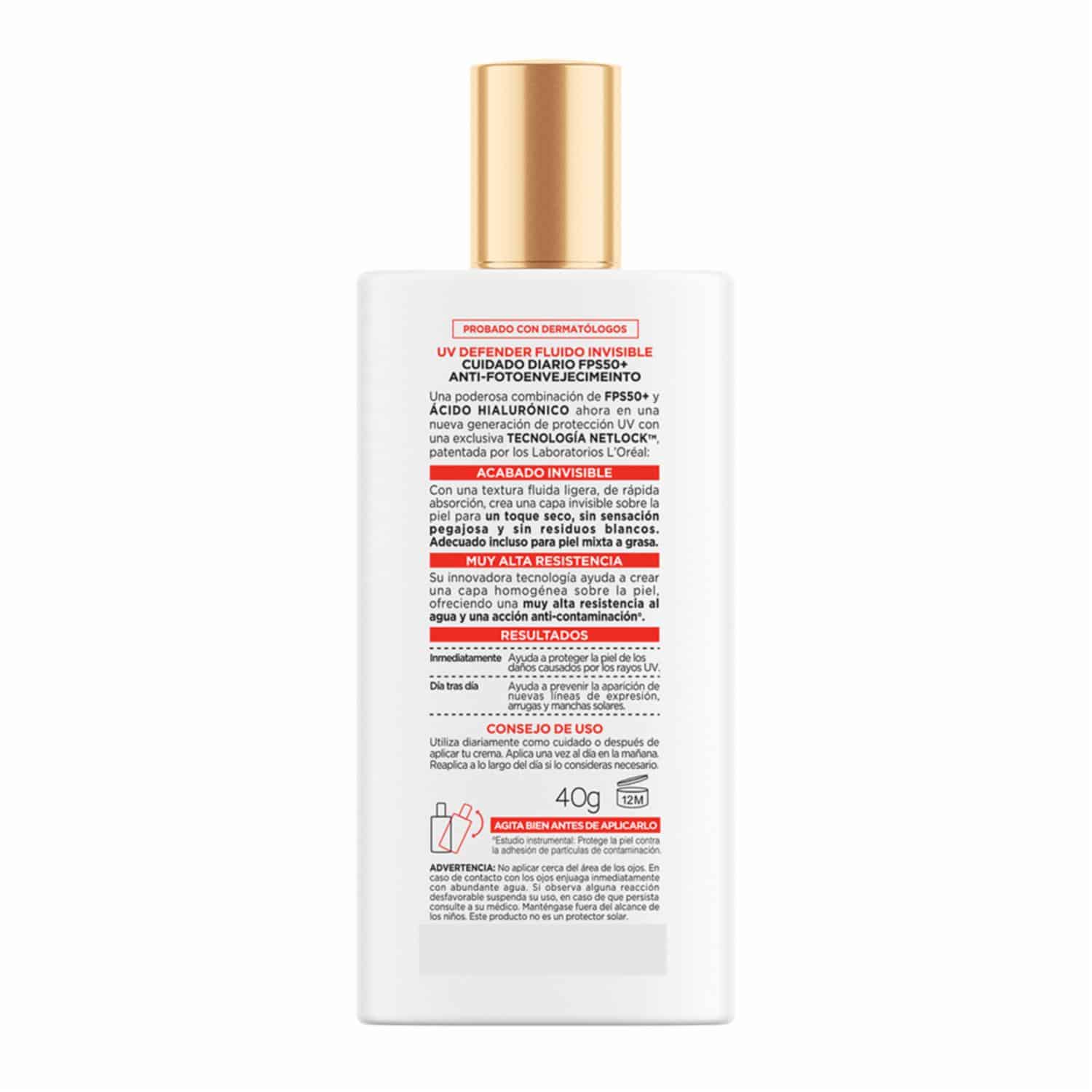Protector Solar Facial Uv Defender Fps 50+ Fluido Invisible L'ORÉAL 40 G - Imagen 3