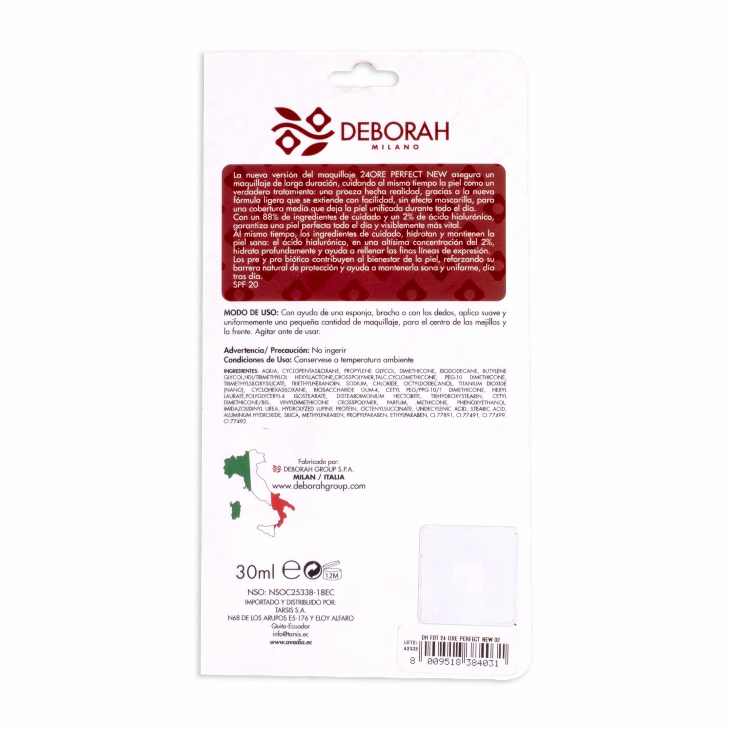 Base De Maquillaje 24 Ore Perfect New 02 DEBORAH MILANO 30 Ml - Imagen 2