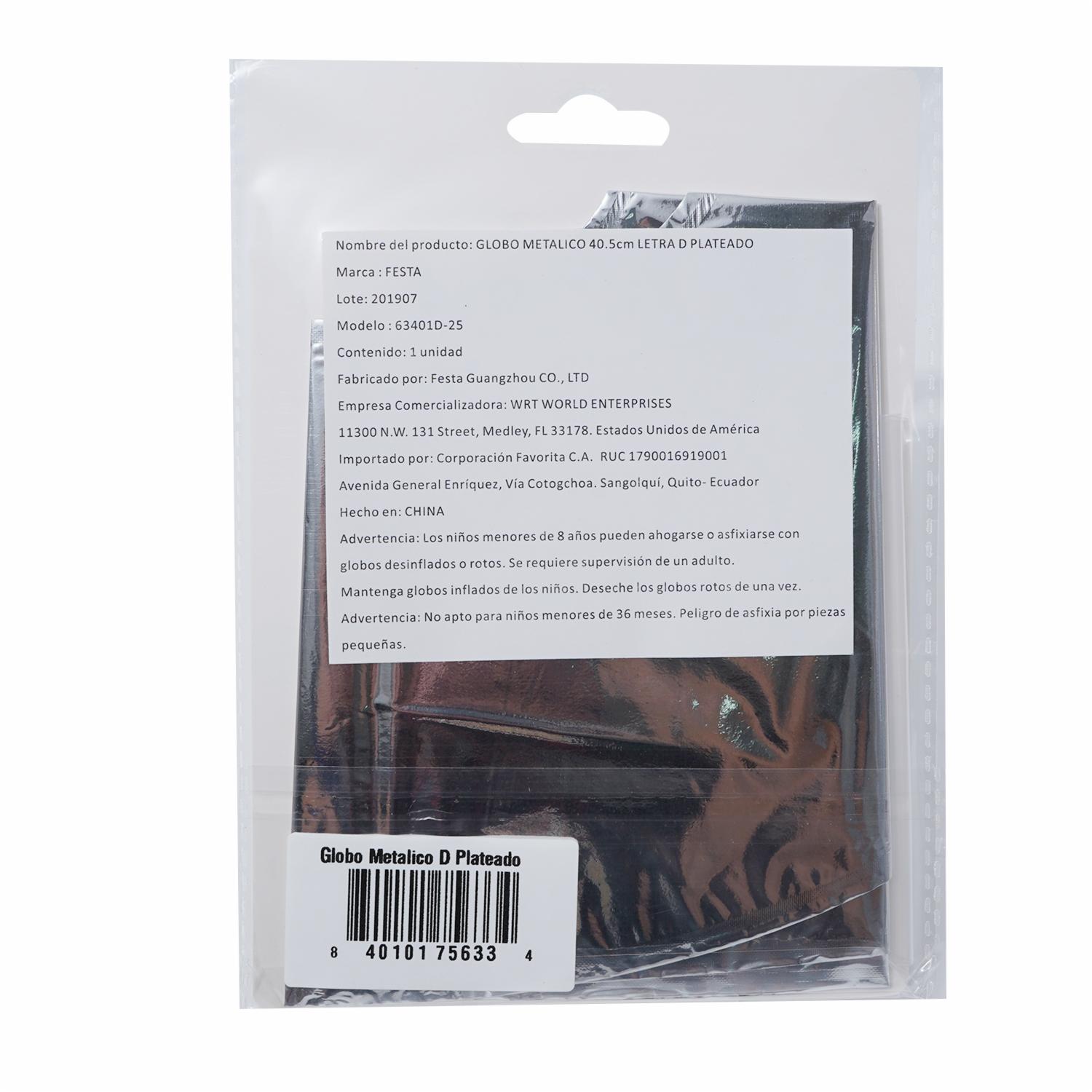 Globo Metálico Letra D Plateado BALLOON 40,5 Cm - Imagen 2