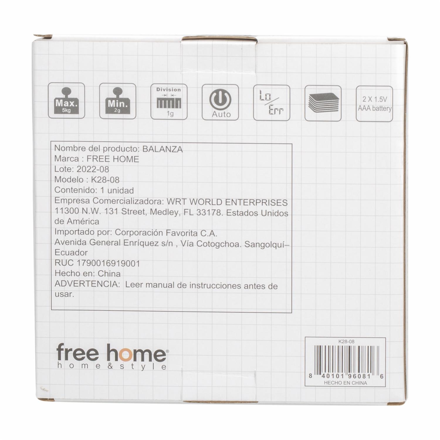 Balanza Digital De Cocina Roja FREE HOME 5 Kg