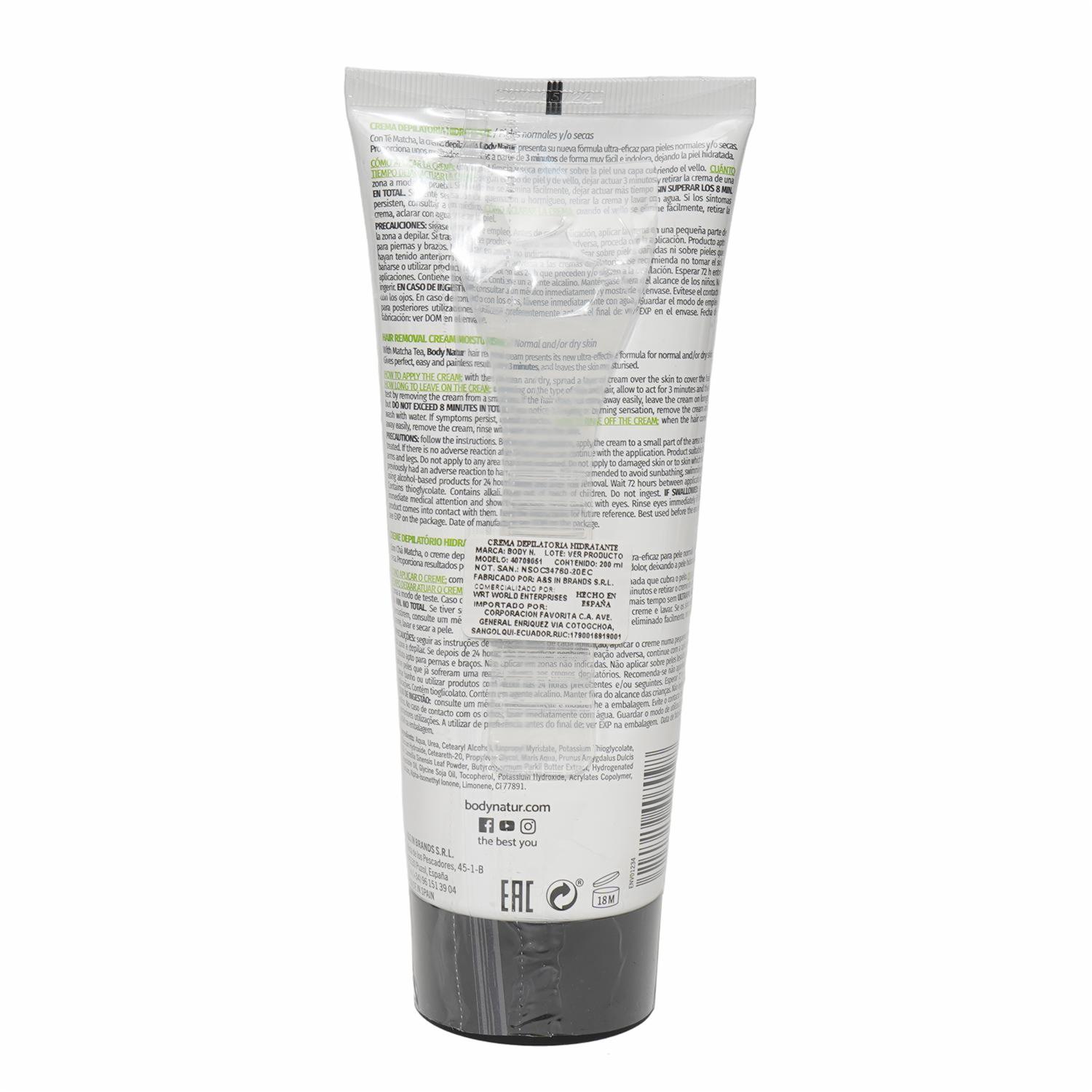 Crema Depilatoria Hidratante Piel Normal Y Seca Con Té Matcha BODY NATUR 200 Ml