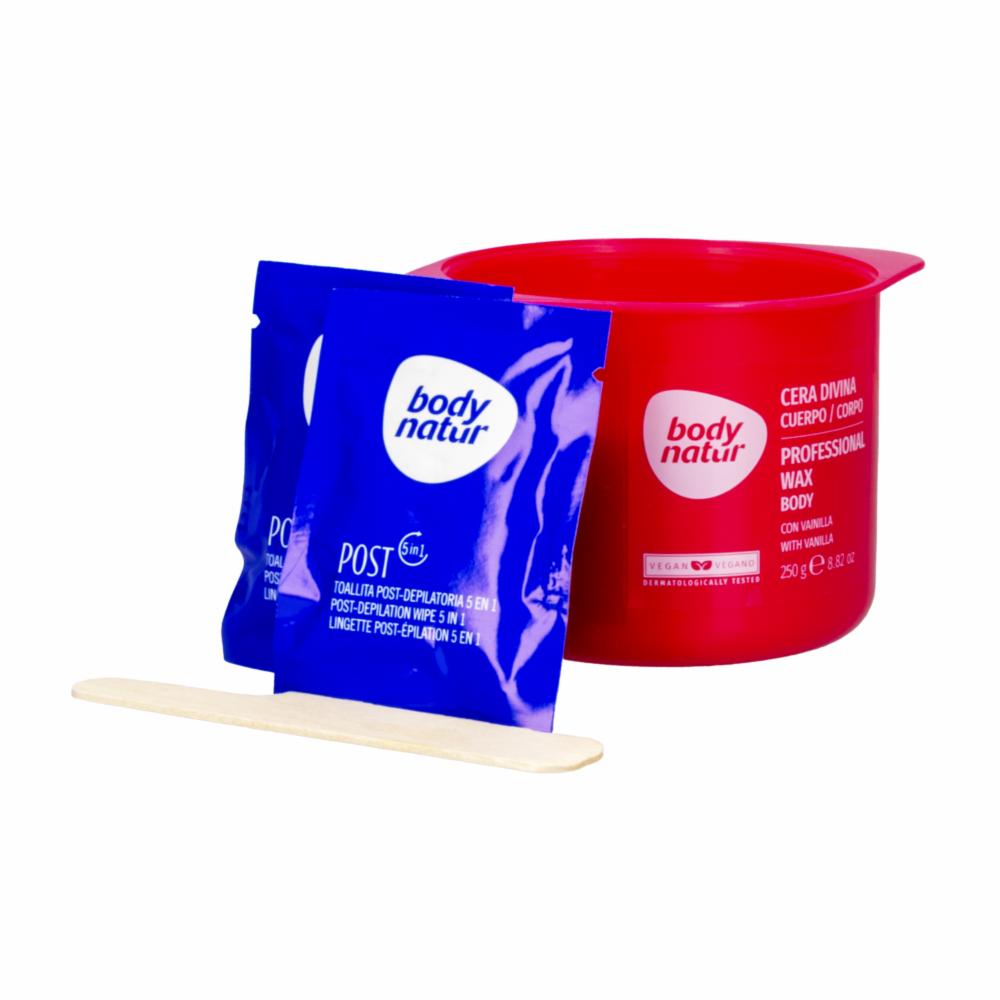 Cera Depilatoria Corporal Profesional Con Vainilla + Toallitas Post Depilatorias BODY NATUR 250 G - Imagen 3