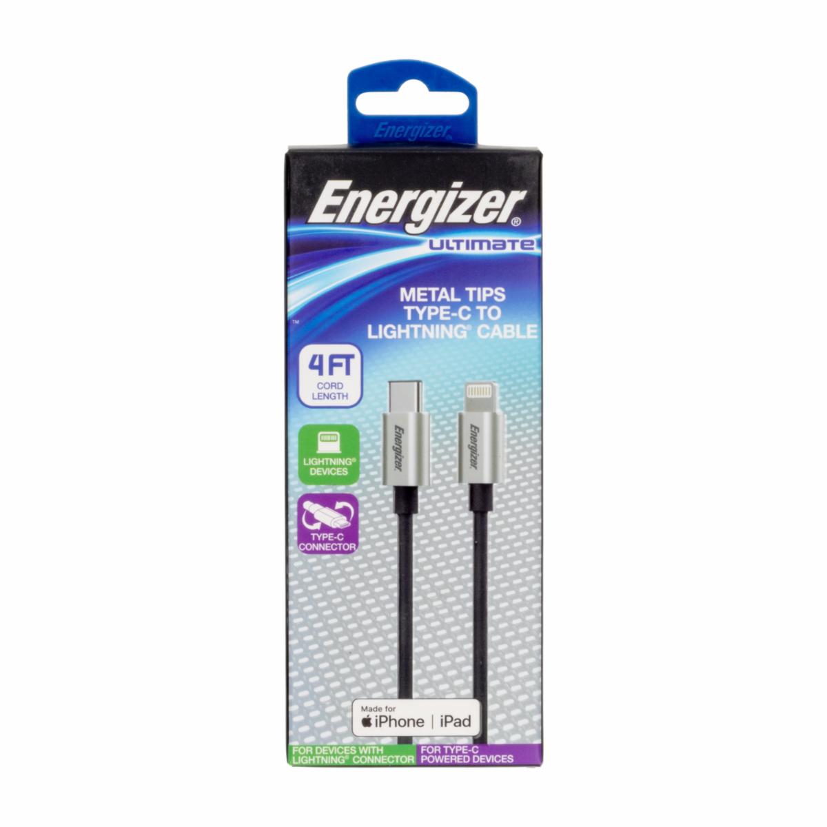 Cable Lightning Tipo C Puntas De Metal Negro ENERGIZER 122 Cm