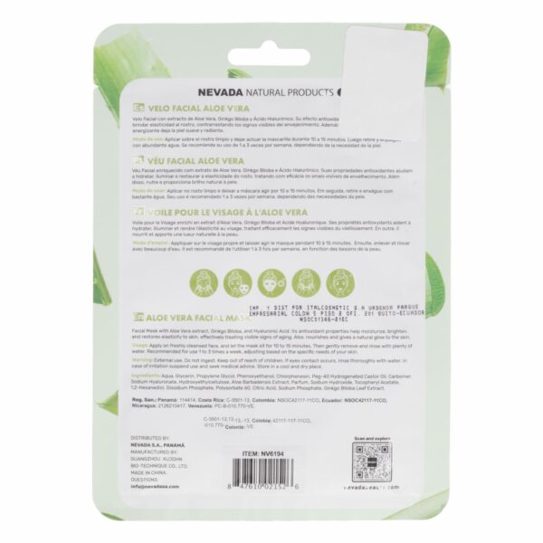 Mascarilla Facial De Con Ácido Hialurónico Aloe Vera NEVADA Unidad - Imagen 2