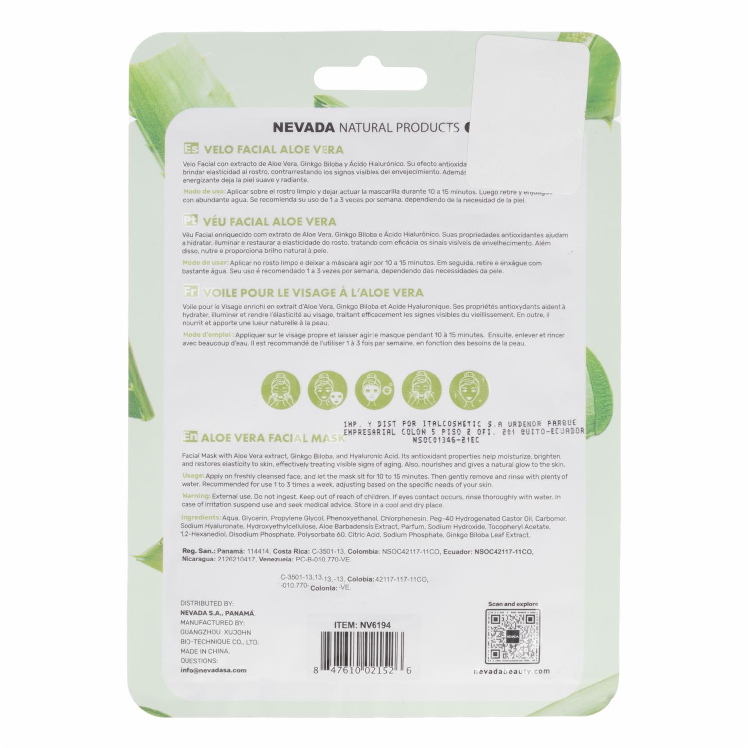 Mascarilla Facial De Con Ácido Hialurónico Aloe Vera NEVADA Unidad