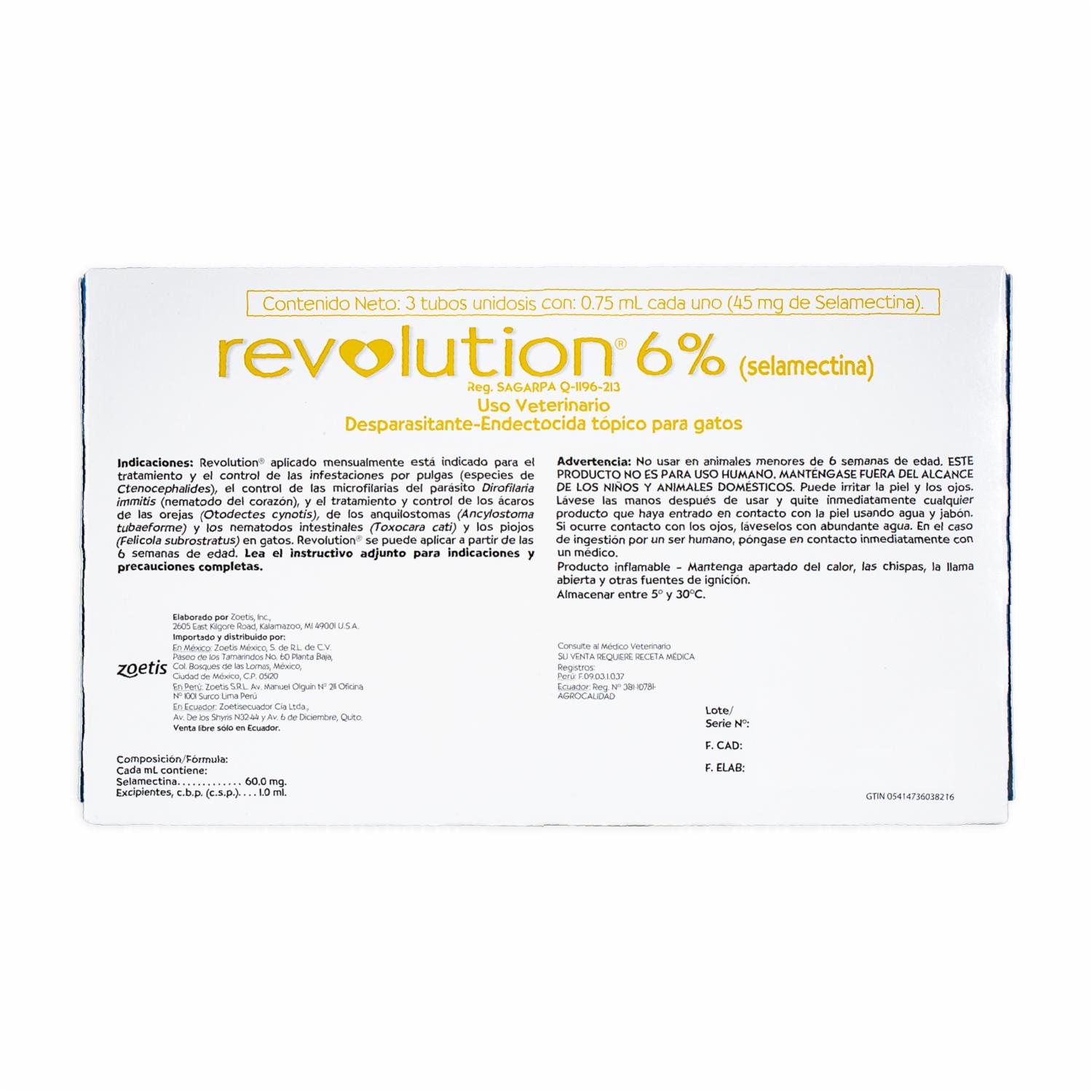 Antiparasitario Para Gatos Revolution 6% 2.6-7.5Kg Azul En Pipeta ZOETIS 0,75 Ml - Imagen 2