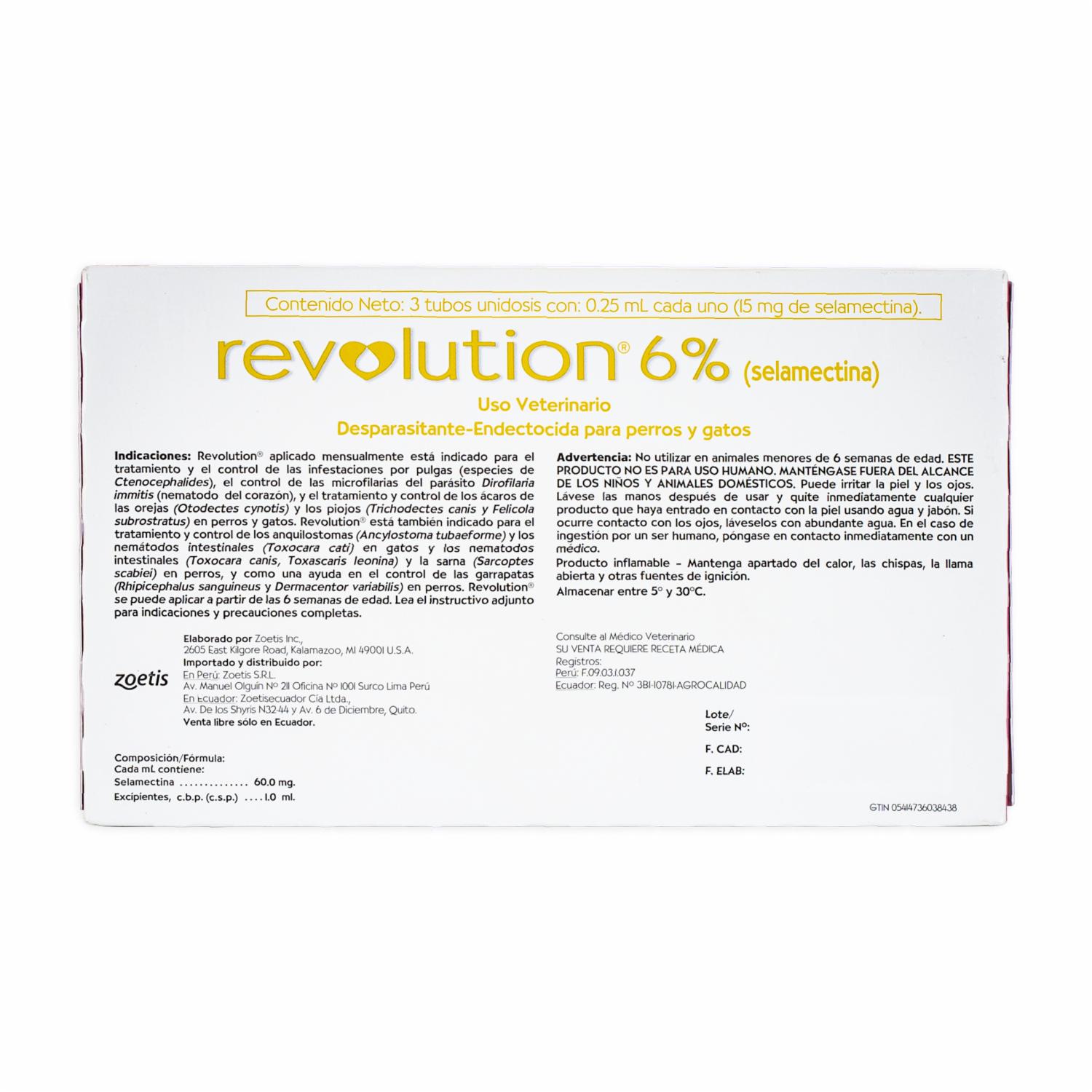 Desparasitante Para Perro Y Gatos Revolution 6% 2.5Kg Rosado En Pipeta ZOETIS 0,25 Ml - Imagen 2