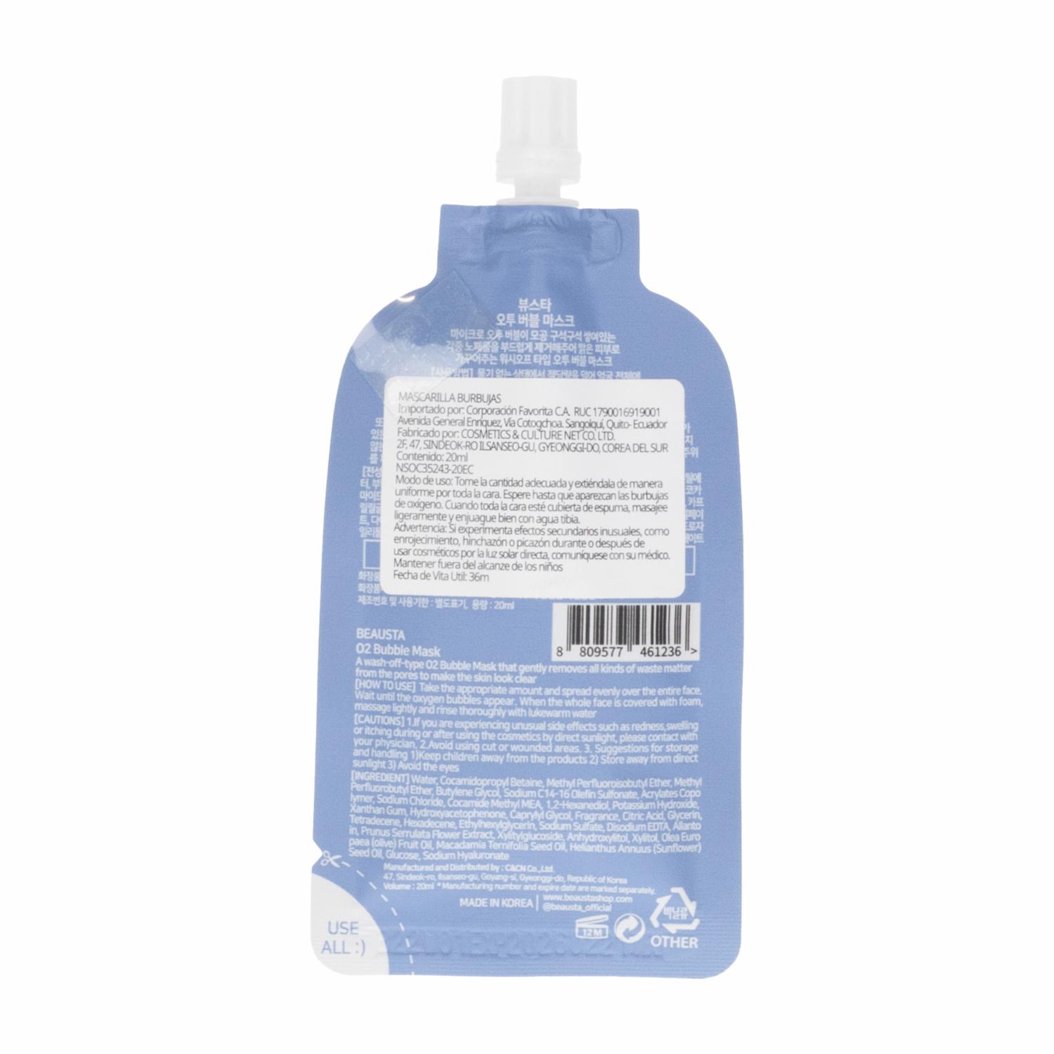 Mascarilla Facial De Burbujas O2 BEAUSTA 20 Ml