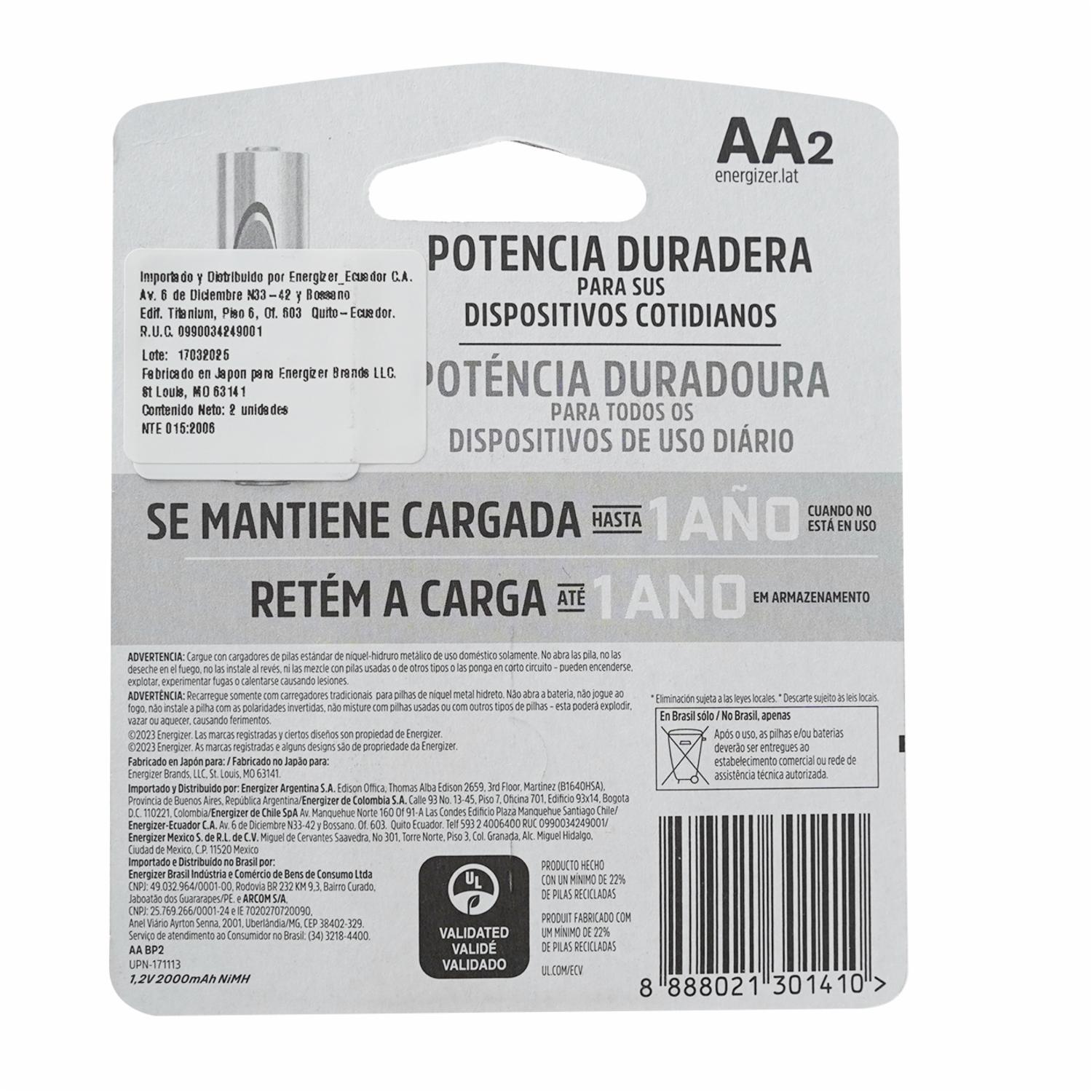 Pilas Recargable AA ENERGIZER X 2 Uds