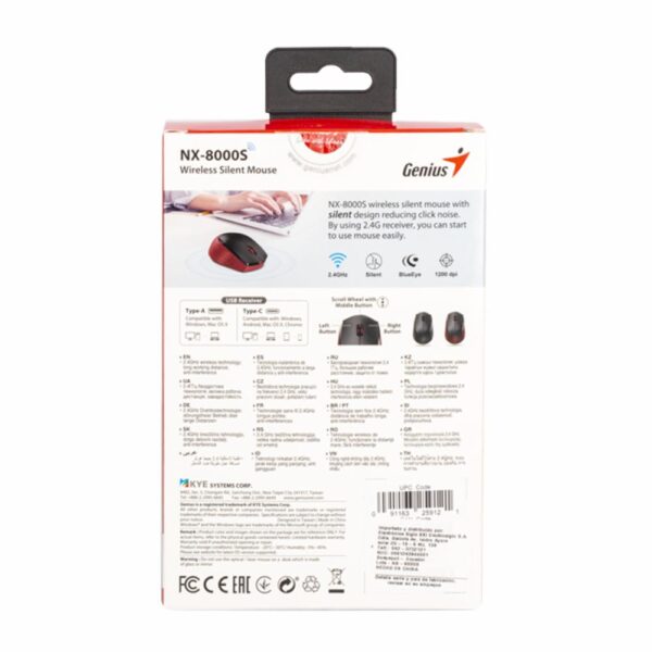 Mouse Modelo NX-8000S Silencioso 1200DPI Negro Y Rojo GENIUS Inalámbrica - Imagen 3