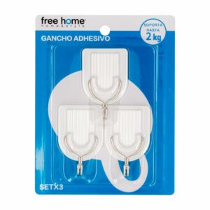 Ganchos Adhesivo Plástico Metal FREE HOME 3 Piezas