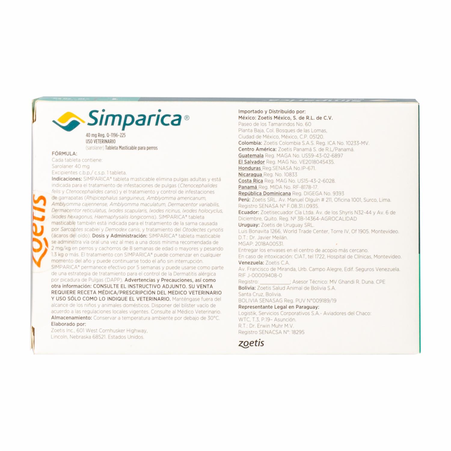 Tableta Antipulgas Para Perros De 10 A 20 Kg SIMPARICA 40 Mg - Imagen 2