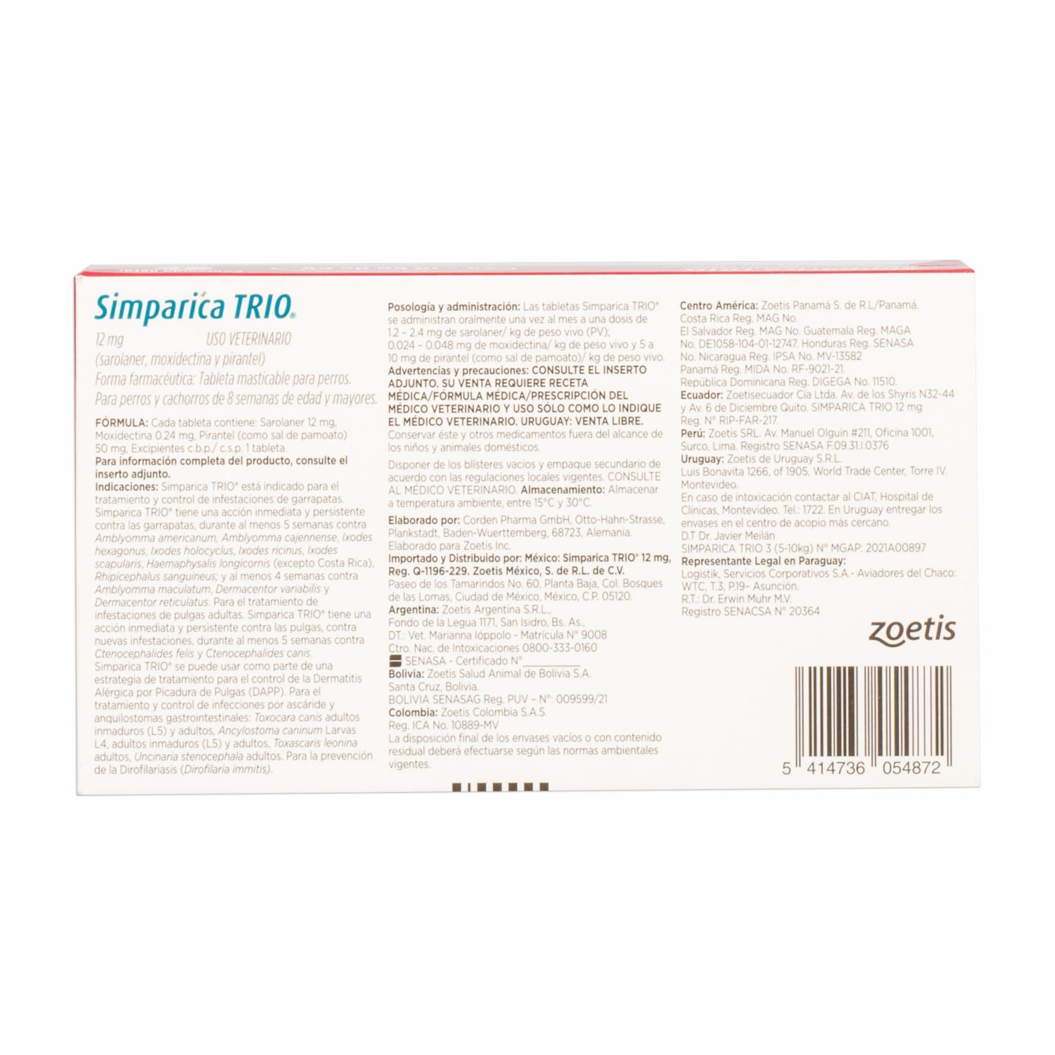Antiparasitario Para Perros Interno Y Externo Trio De 10 A 15Kg SIMPARICA De 10 Kg A 15 Kg - Imagen 2