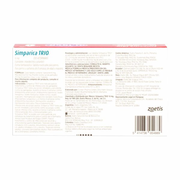 Antiparasitario Para Perros Interno Y Externo Trio   De 2,5 A 5Kg SIMPARICA De 2,5 Kg A 5 Kg - Imagen 2