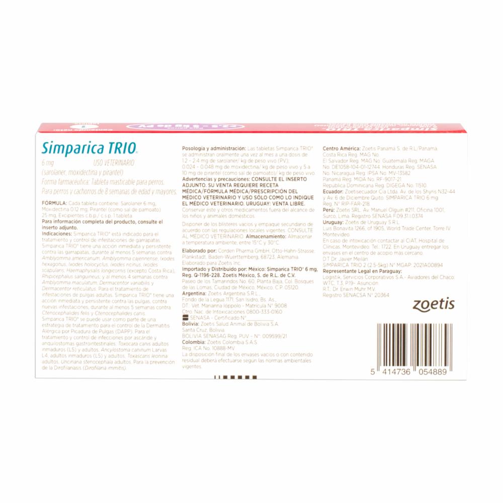 Antiparasitario Para Perros Interno Y Externo Trio De 2,5 A 5Kg SIMPARICA De 2,5 Kg A 5 Kg - Imagen 2