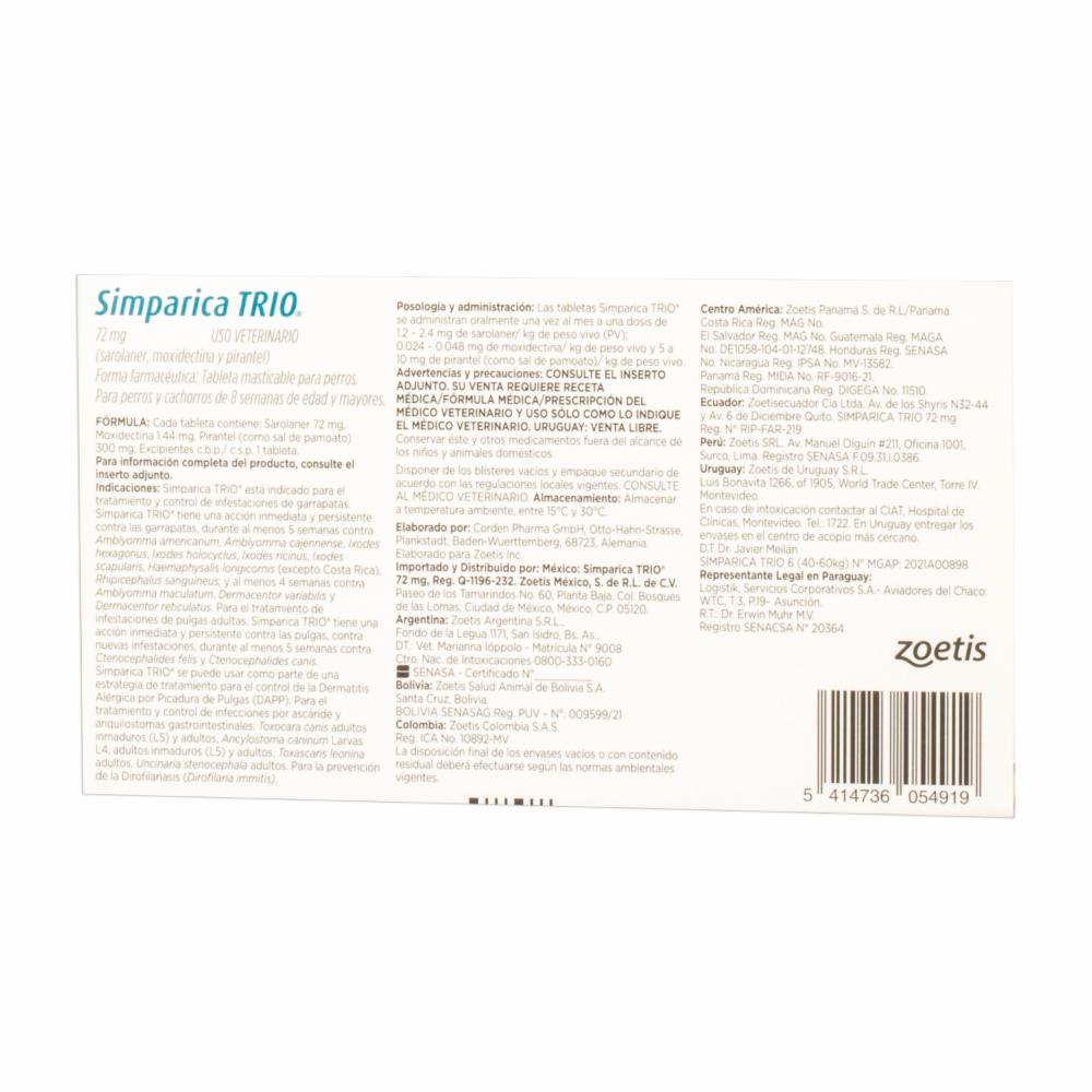 Antiparasitario Para Perros Interno Y Externo Trio De 40,1 A 60 Kg SIMPARICA De 40,1 Kg A 60 Kg - Imagen 2