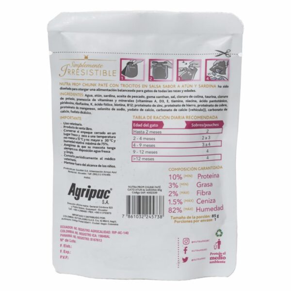 Alimento Para Gatos Sabor A Pate Atún Y Sardina NUTRAPRO 85 G - Imagen 2