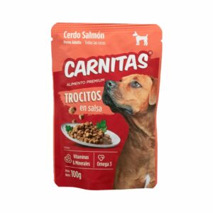 Snack Para Perros Adultos Todas Las Razas Trocitos En Salsa Cerdo Y Salmón CARNITAS 100 G