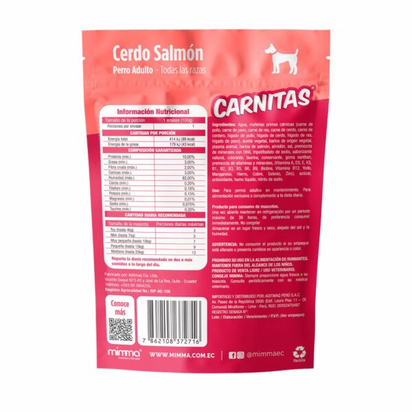 Snack Para Perros Adultos Todas Las Razas Trocitos En Salsa Cerdo Y Salmón CARNITAS 100 G - Imagen 3