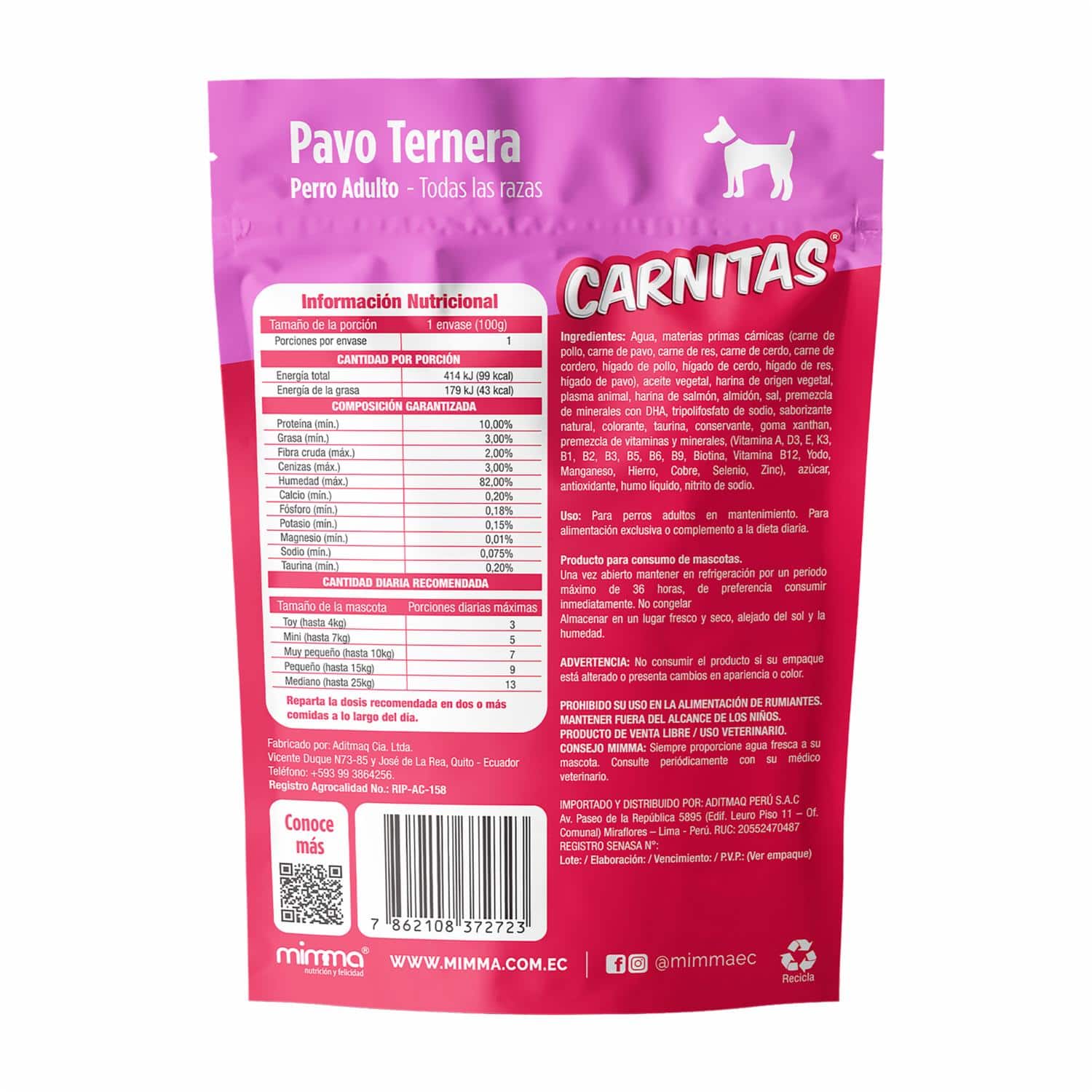 Snack Para Perros Adultos Todas Las Razas Trocitos En Salsa Pavo Ternera CARNITAS 100 G - Imagen 3
