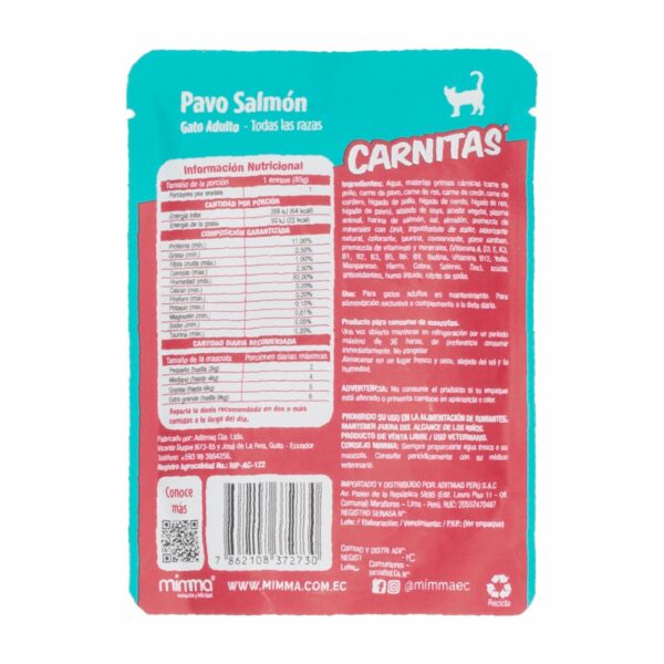 Snack Para Gatos Adultos Todas Las Razas Trocitos En Salsa Pavo Salmón CARNITAS 85 G - Imagen 2