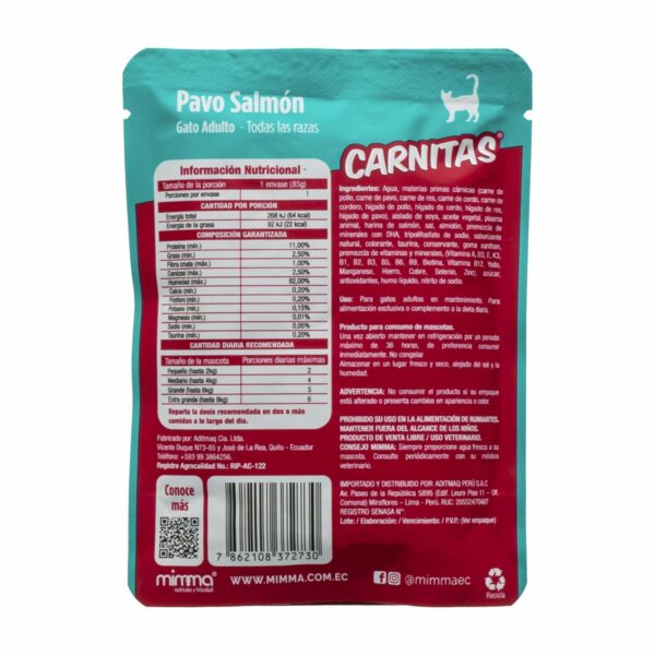 Snack Para Gatos Adultos Todas Las Razas Trocitos En Salsa Pavo Salmón CARNITAS 85 G - Imagen 3
