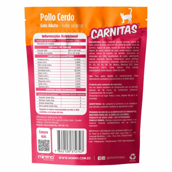 Snack Para Gatos Adultos Todas Las Razas Trocitos En Salsa Pollo Cerdo CARNITAS 85 G - Imagen 3
