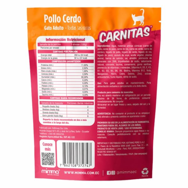 Snack Para Gatos Adultos Todas Las Razas Trocitos En Salsa Pollo Cerdo CARNITAS 85 G - Imagen 3
