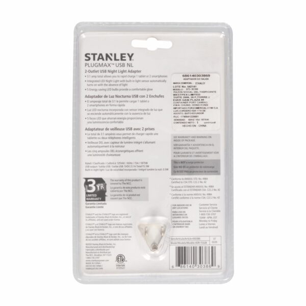 Adaptador De Corriente 2 Salidas Con USB STANLEY 1 Pieza - Imagen 2