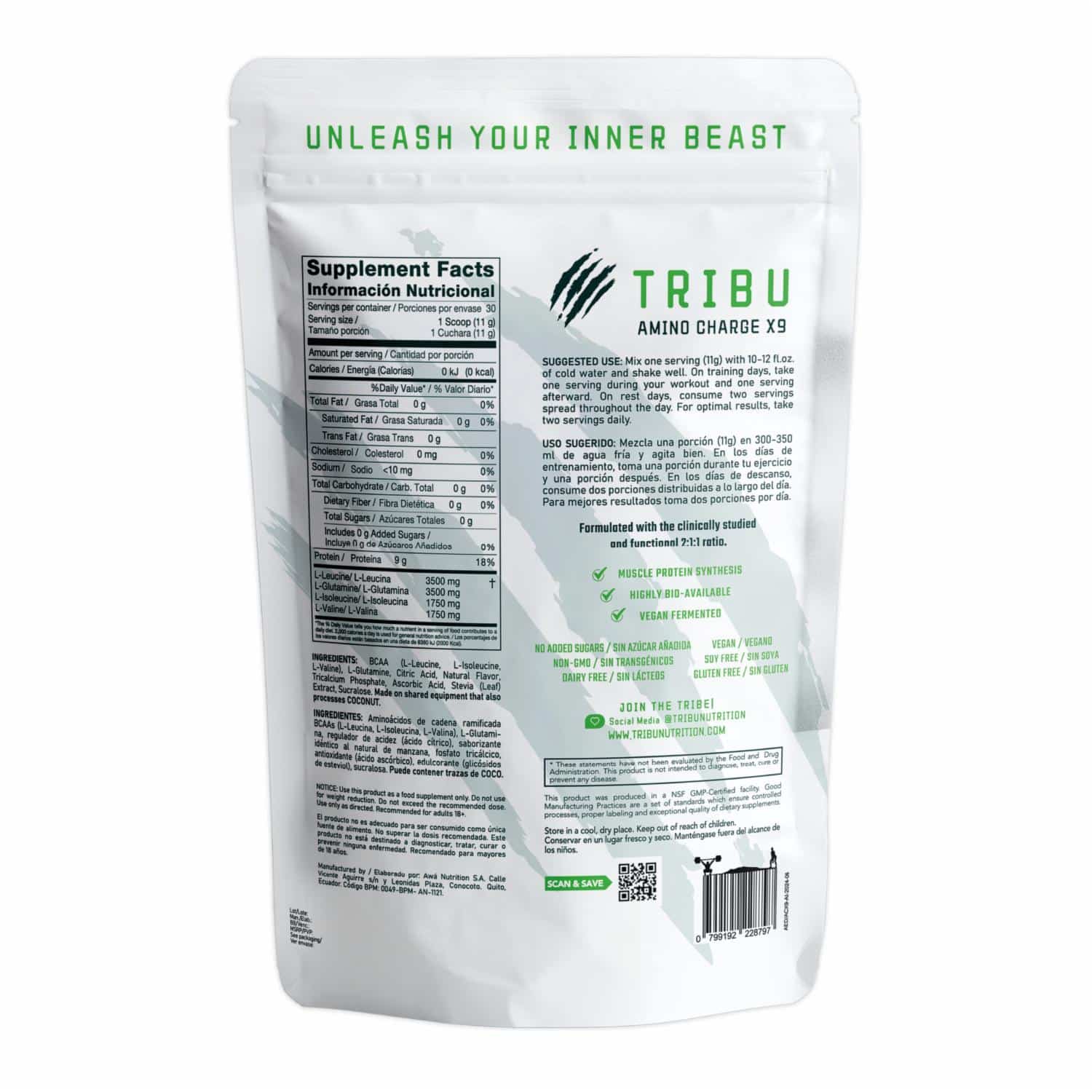 BCAAS Aminoácidos AminoChargeX9 Apple Ice TRIBU NUTRITION 330 G - Imagen 3