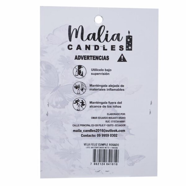 Vela Feliz Cumple Rosado MALIA CANDLES 13 X 9 Cm - Imagen 2