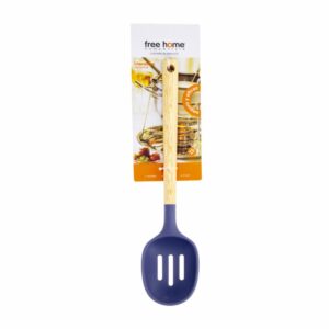Cuchara Calada Silicona Azul Mango De Madera FREE HOME 1  Pieza