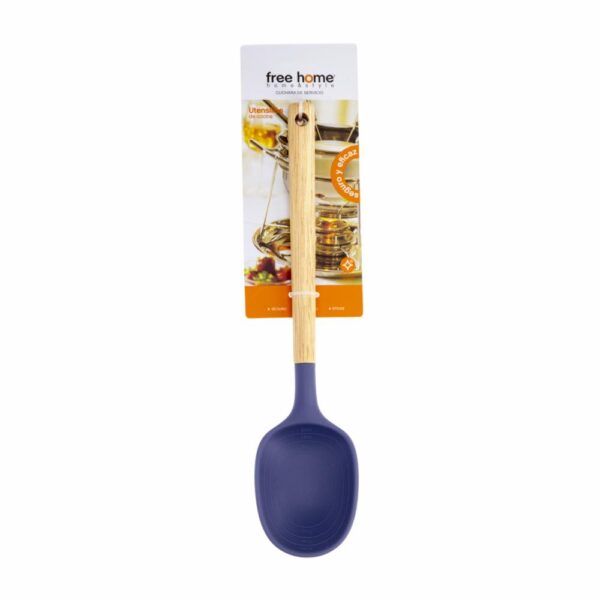 Cuchara Con Asa Silicona Azul Mango De Madera FREE HOME 1  Pieza