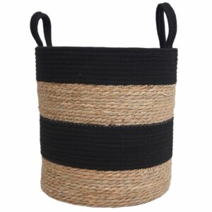 Cesta De Mimbre Redonda Con Agarraderas Y Líneas Negras FREE HOME Grande