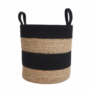 Cesta De Mimbre Redonda Con Agarraderas Y Líneas Negras FREE HOME Pequeño