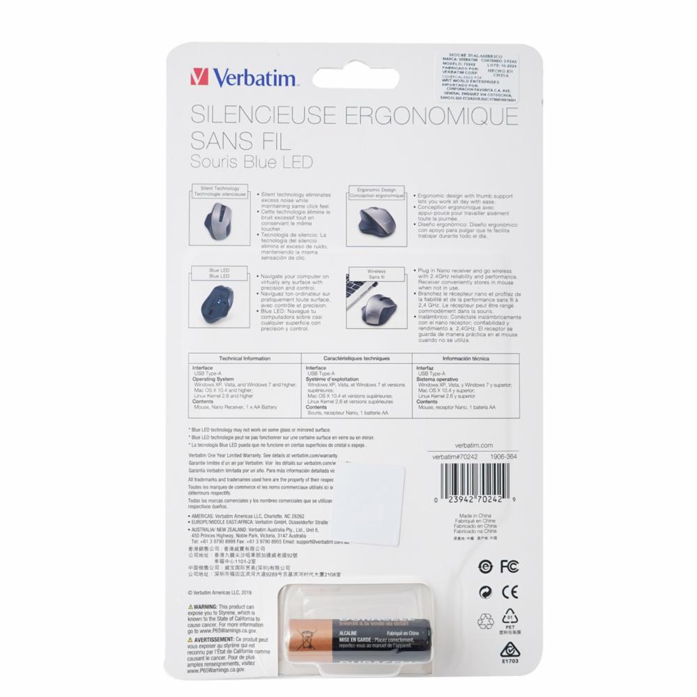 Mouse Silent Ergo Wrls Blue Led Graphite VERBATIM Wireless - Imagen 2